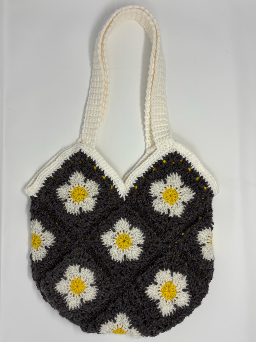 Gray Daisy Crochet Tote Bag with Lining